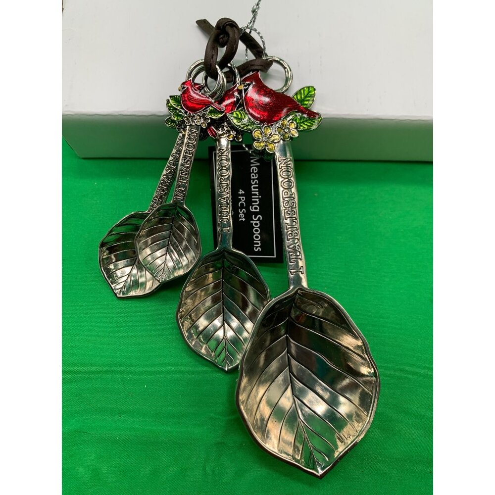 Bird & Leaf Design Metal Measuring Spoons Set With Enamel Red Cardinal Accent